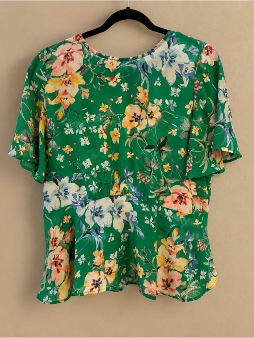 LOFT Green Floral Flutter-Sleeve Blouse